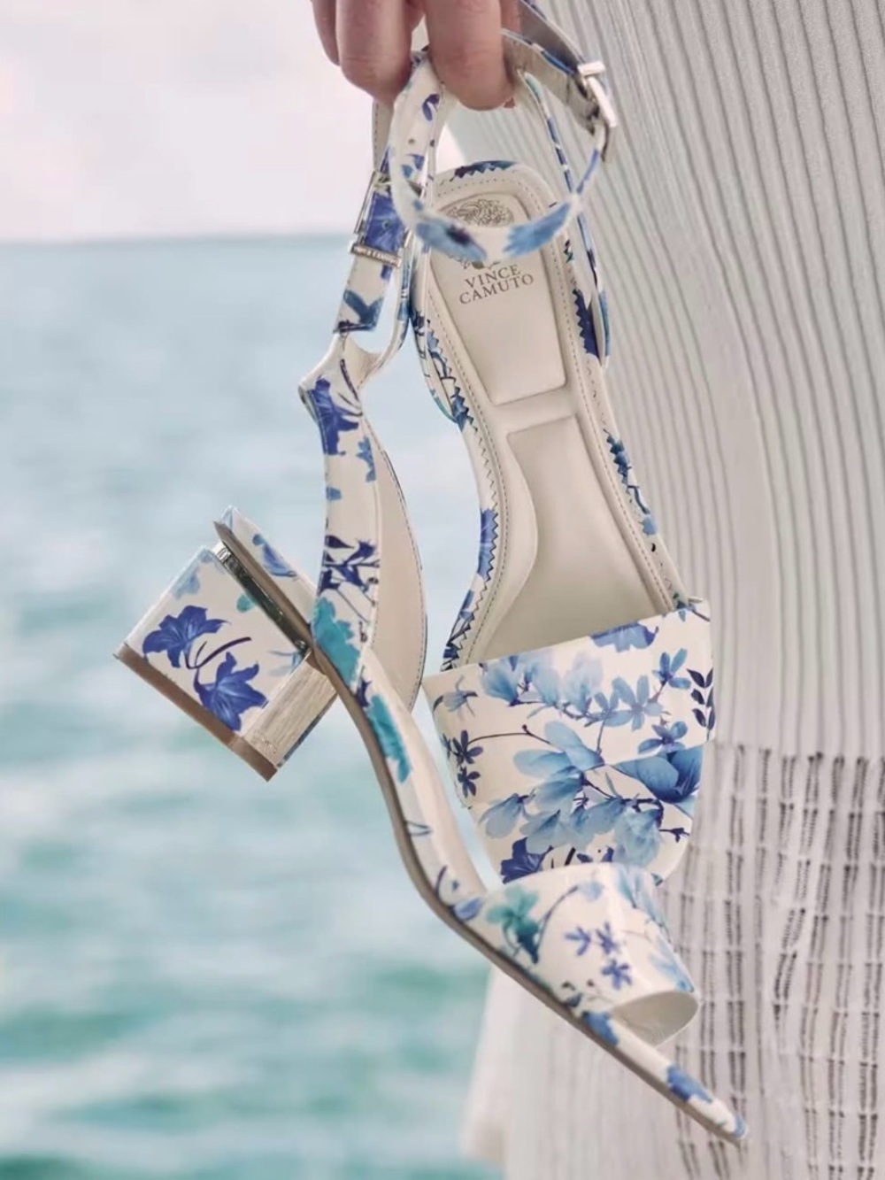 Vince Camuto Cream and Blue Floral Block Heel Sandals